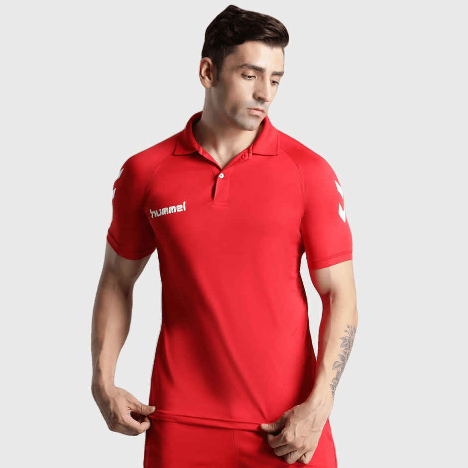 hummel Men's Core functional Polo Neck Solid Regular Fit Gym T-shirt | True Red - L