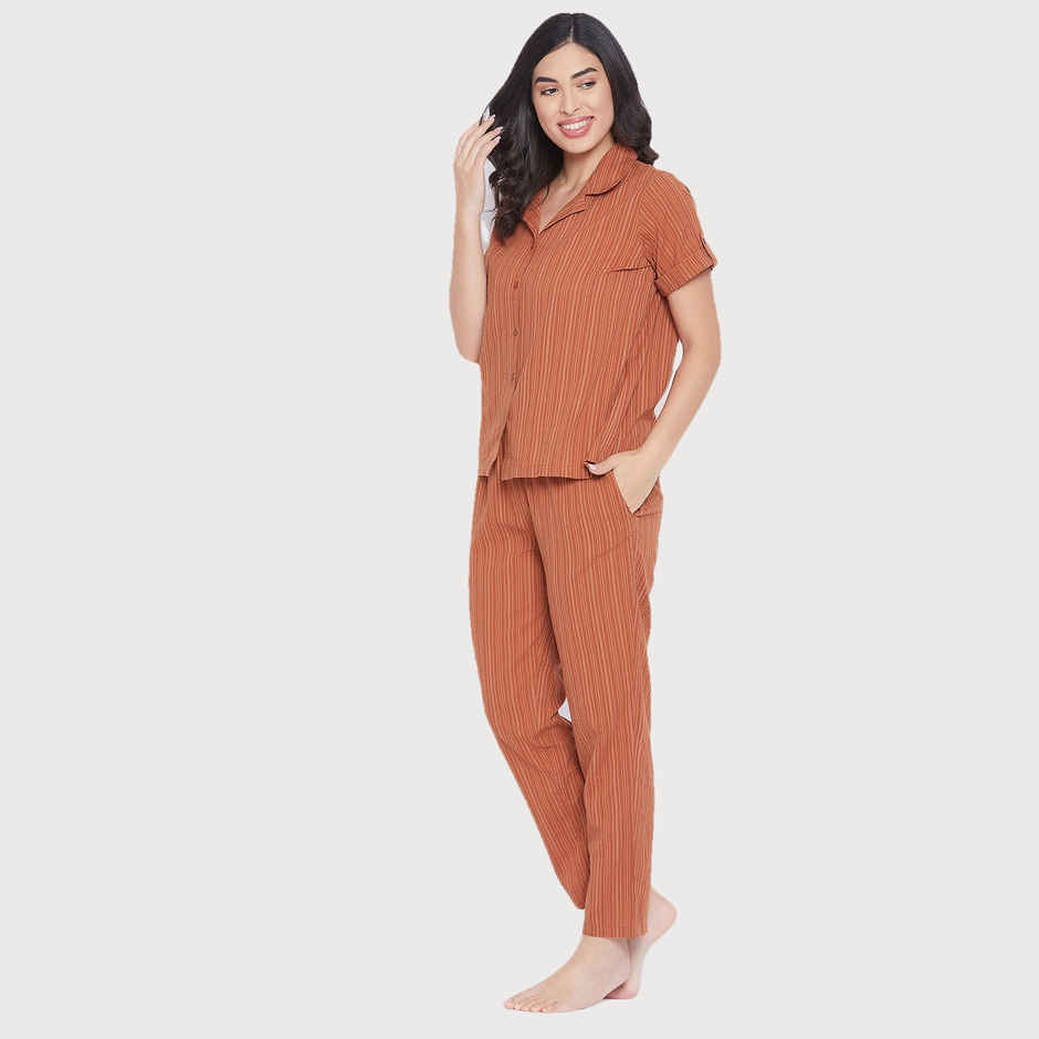Clovia Women's Sassy Stripes Button Down Shirt & Pyjama - Cotton | LS0385D06 | Brown - S