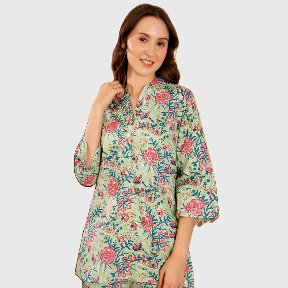 Sanskrutihomes Women Green Printed Pyjamas and Kurti Night Suit SE-NSP-641 | M