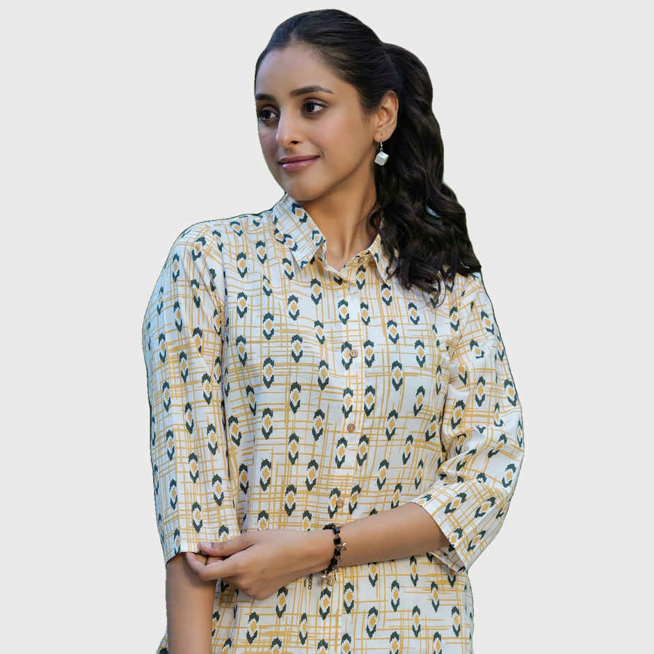 Sanskrutihomes Mustard And Blue Ethnic Motifs Printed Pure Cotton Night Suit | M