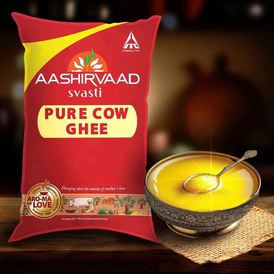 Nandini Thick Curd Pouch (500ml) & Nandini Standardised Fresh Milk (Pouch Orange) (500ml) & Baidyanath Honey | Zero Added Sugar (50g) & Jivana Classic Sugar (1kg) & Aashirvaad Pure Cow Ghee, Pouch, Rich Aroma (1l) & Farmley Mix Dry Fruits Panchmeva- Almonds, Cashews, Dates, Black Raisins, Green Raisins (405g) Panchamrit Combo 