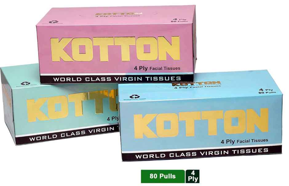 Kotton Facial Tissues Box - 4 Ply -100% Virgin Pulp/Paper, 20 cm * 20 cm 80 pulls Box