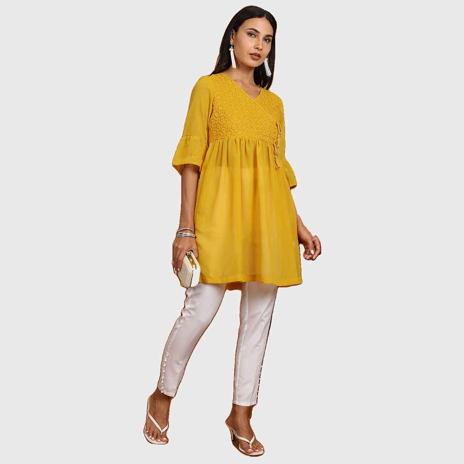 Ketch Women's Ethnic Motifs Embroidered V-Neck Bell Sleeve Pleated A-Line Kurti | Mustard | L