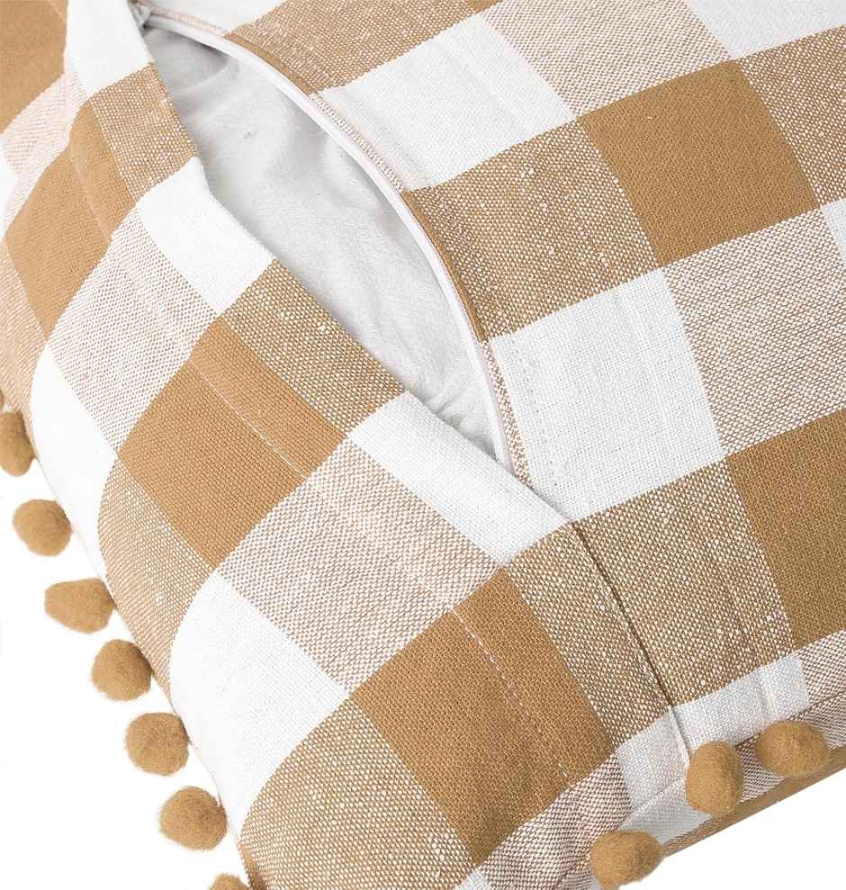 Lushomes Cotton Cushion Covers - Beige White Checks | Pom Pom | 16 x 16 inch