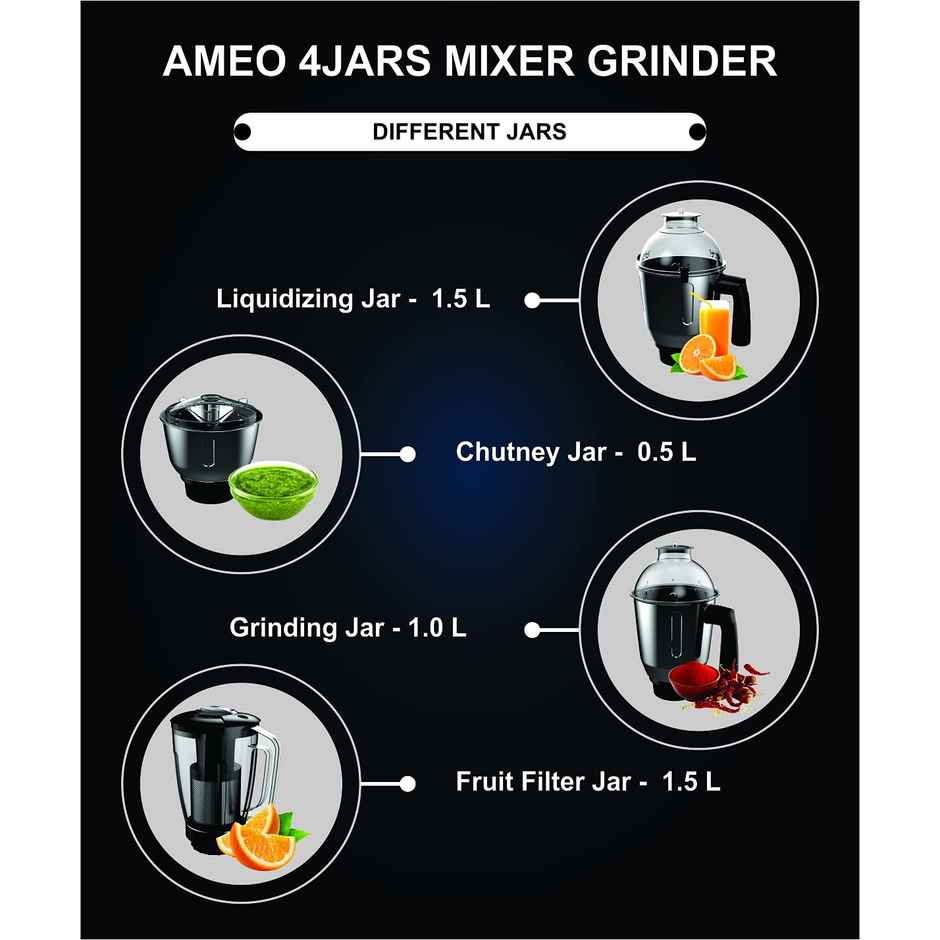 Crompton Ameo 750-Watt Mixer Grinder (3 Stainless Steel Jars And 1 Juicer Jar, Black & Turquoise)