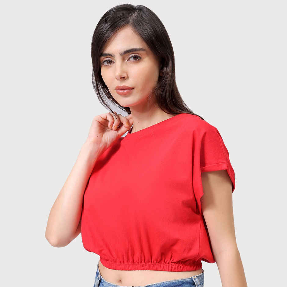 Freehand Women's Regular Solid Casual Crop Top | Red - S