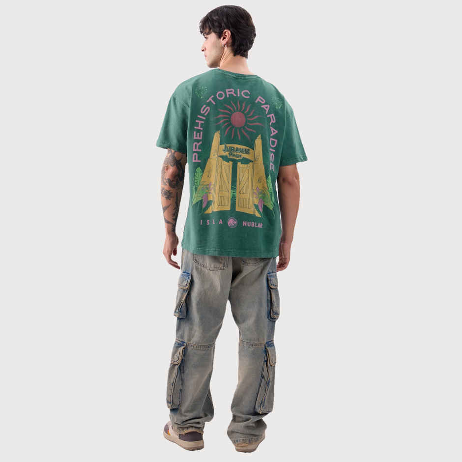 The Souled Store Men's Jurassic Park Prehistoric Paradise Vintage Oversized T-shirt | Green - S