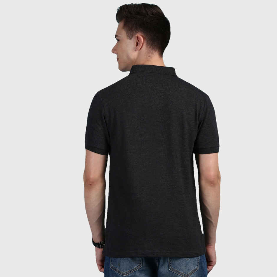 Lux Cozi Solid Cotton Polo T-shirt with Pocket for Men | Black Melange | Size - L