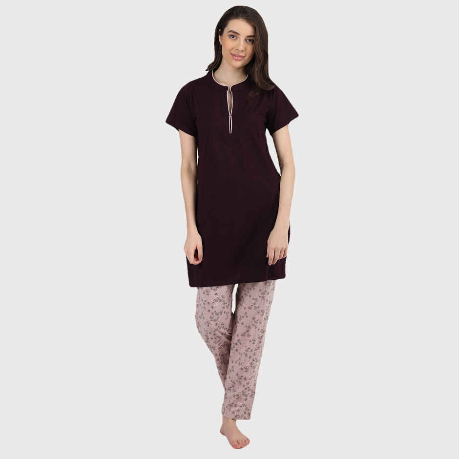 Duchess Women s Cotton Regular Fit Printed & Embroided Long Length Night Suit Set | Wine-Mouse | L