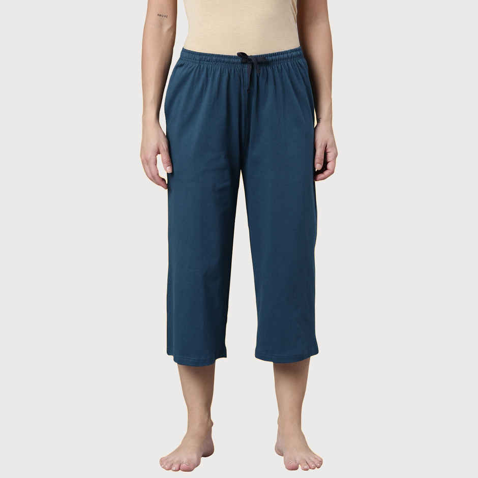 Kryptic Women's Pure Cotton Solid Capri | Teal Blue - S