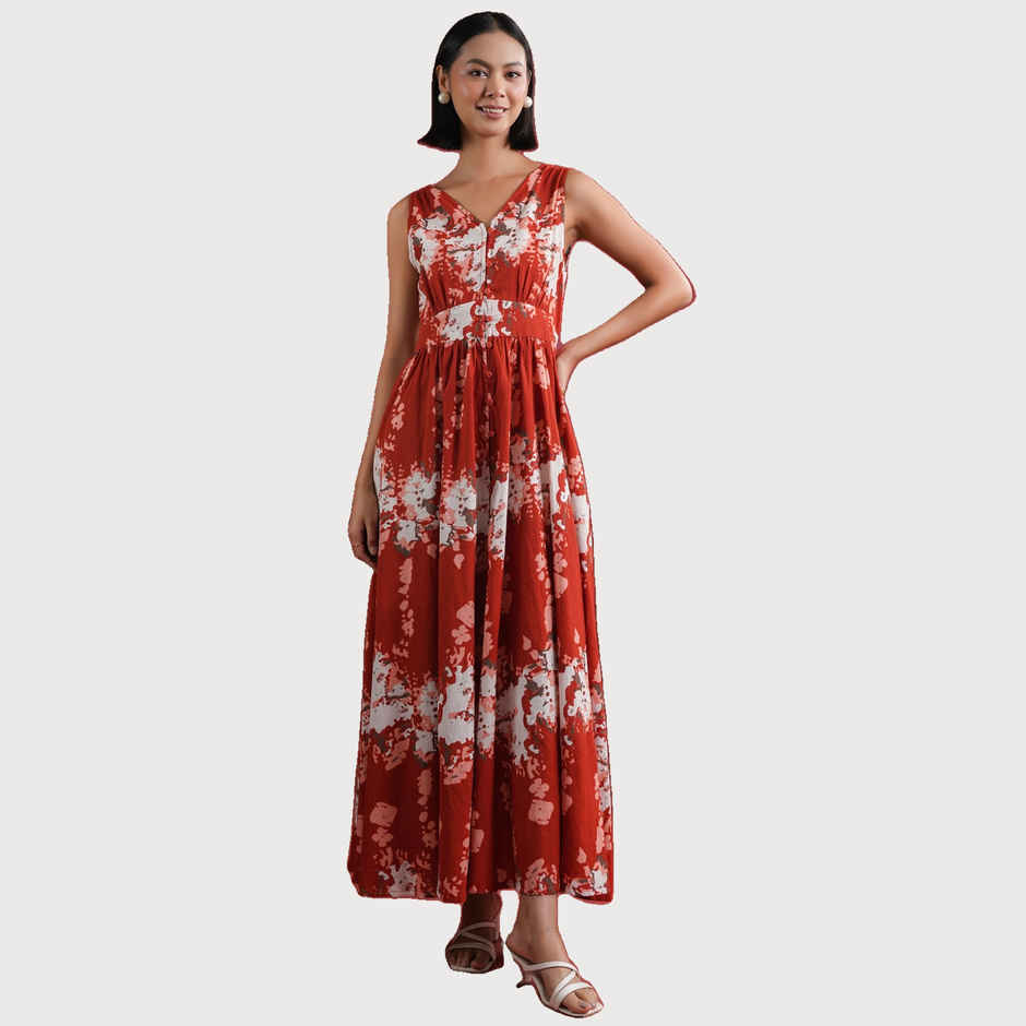Sanskruti Homes Women Dress - Orange | Printed V-neck | L