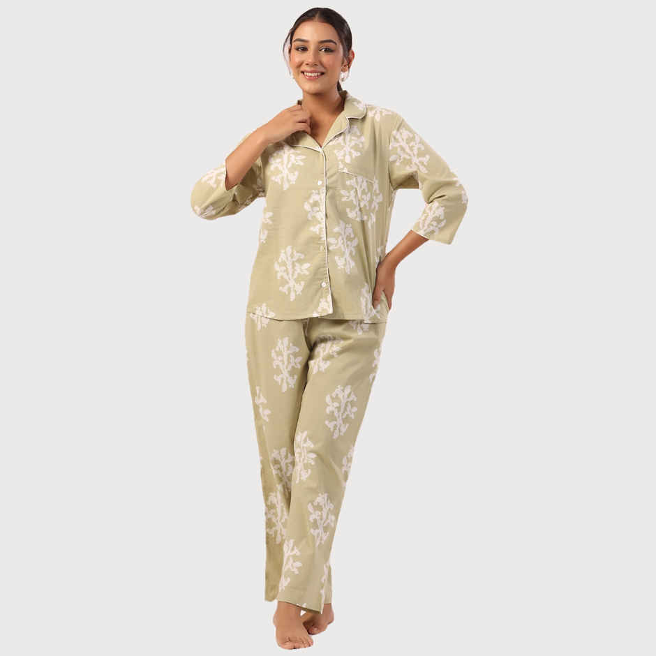 Sanskrutihomes Women Pure Cotton Green Printed Night Suit SE-NSP-522 | XL