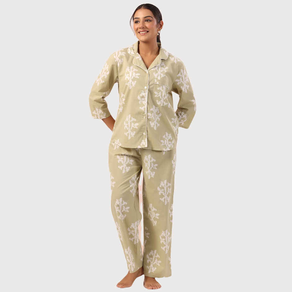 Sanskrutihomes Women Pure Cotton Green Printed Night Suit SE-NSP-522 | XL