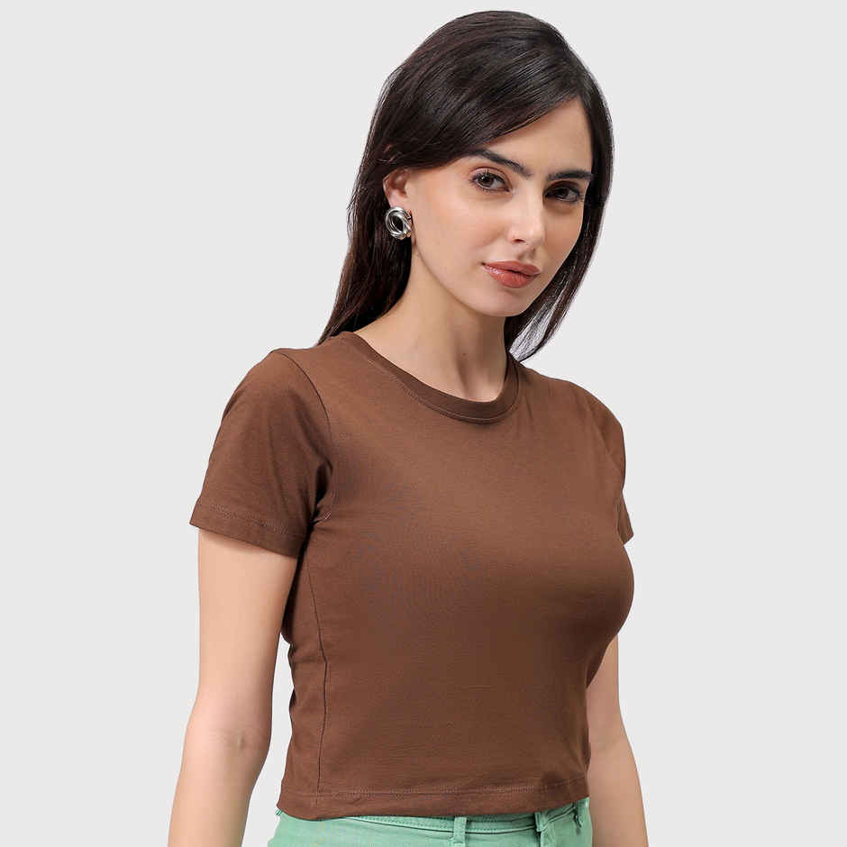 Freehand Women's Slim Solid Casual Cropped T-Shirt | Brown - S