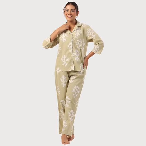 Sanskrutihomes Women Pure Cotton Green Printed Night Suit SE-NSP-522 | XL