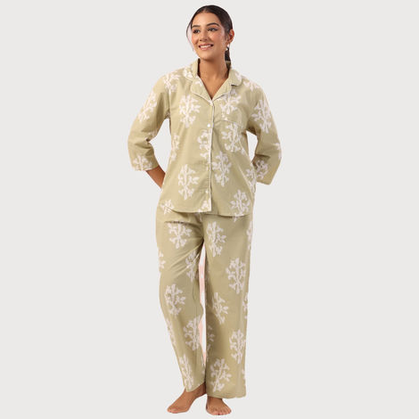 Sanskrutihomes Women Pure Cotton Green Printed Night Suit SE-NSP-522 | XL