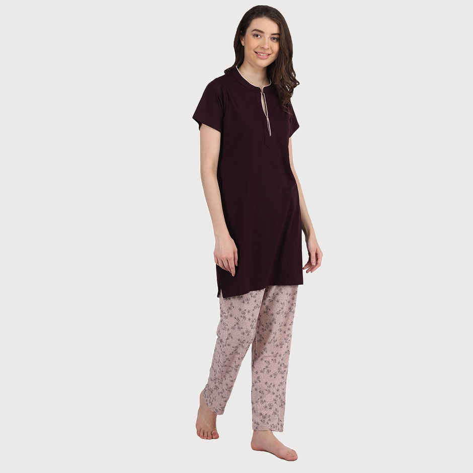Duchess Women s Cotton Regular Fit Printed & Embroided Long Length Night Suit Set | Wine-Mouse | L