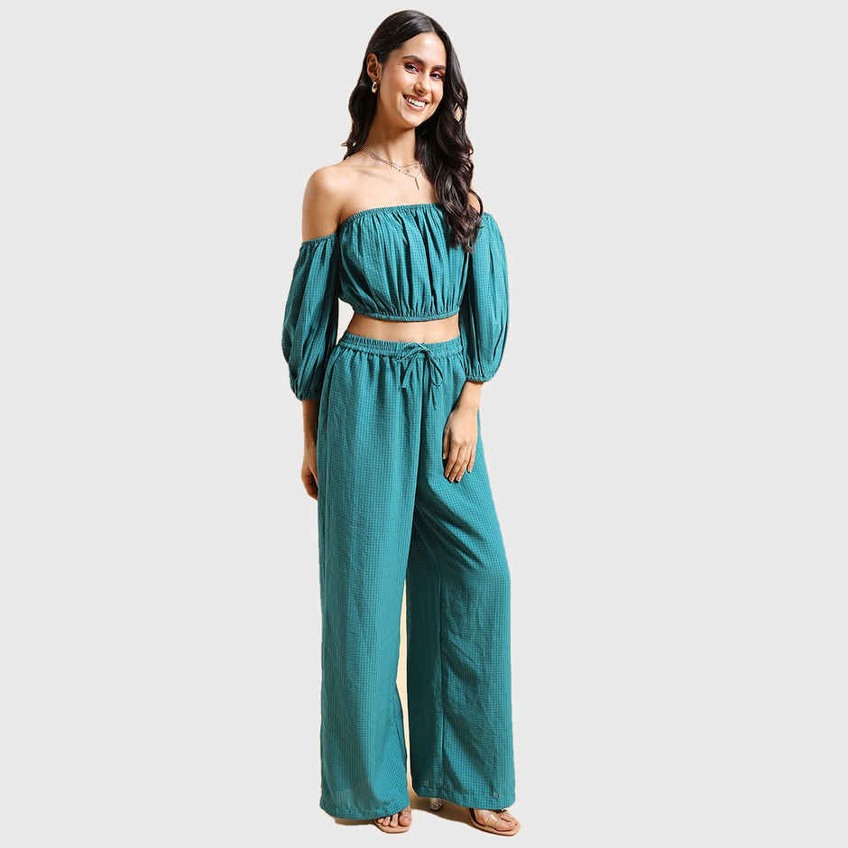 Ketch Women Checked Off Shoulder Crop Top Wide Leg Palazzo Co-ords | Green | XL