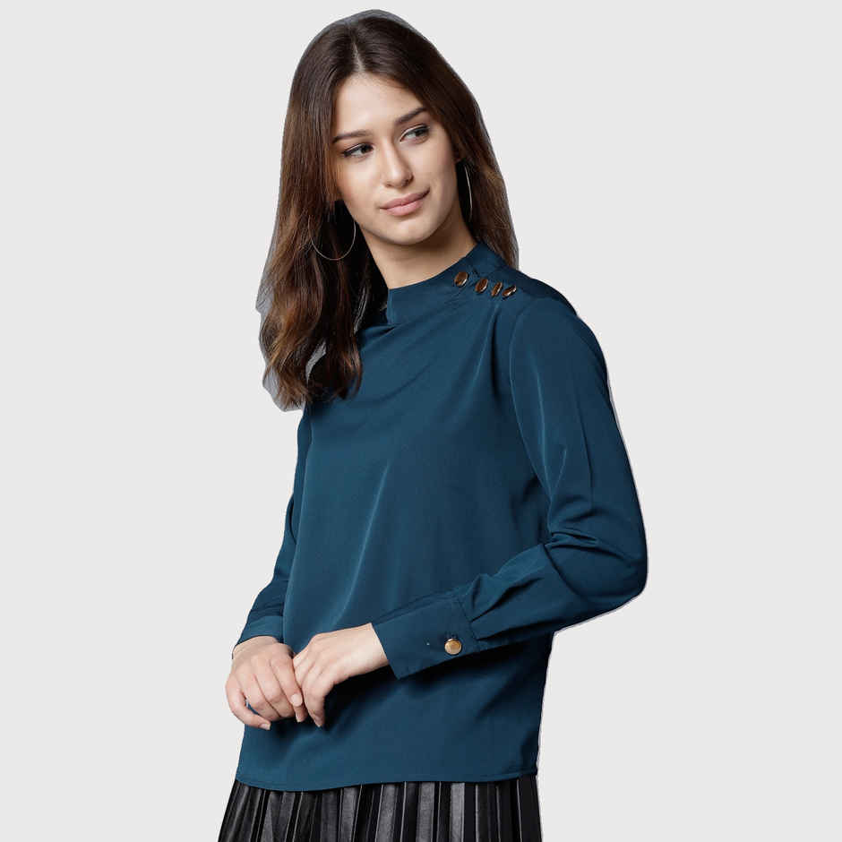 Tokyo Talkies Women's Top With Cuffed Sleeves | Blue - S
