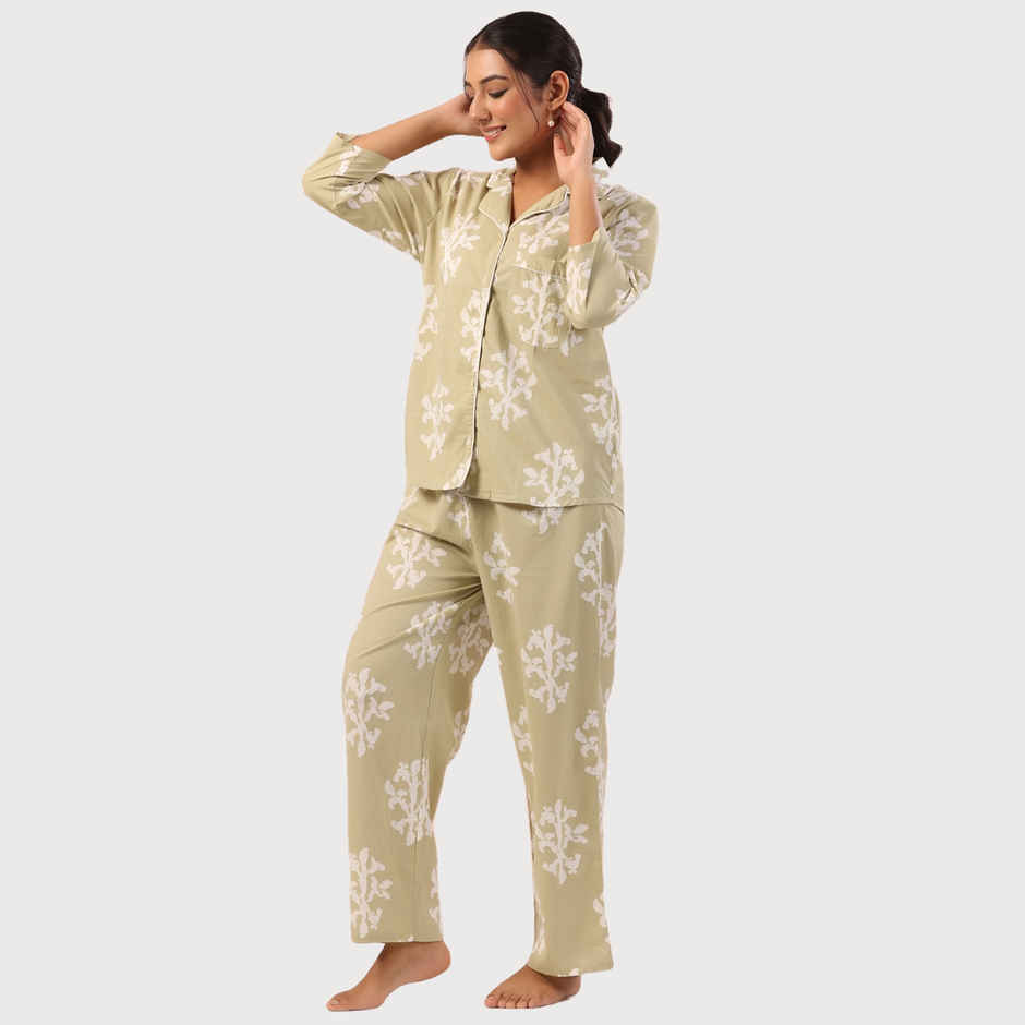 Sanskrutihomes Women Pure Cotton Green Printed Night Suit SE-NSP-522 | XL