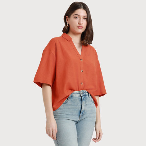 DL Women's Drop Shoulder Casual Oversized Shirt | DLWSHW23005 | Orange - M