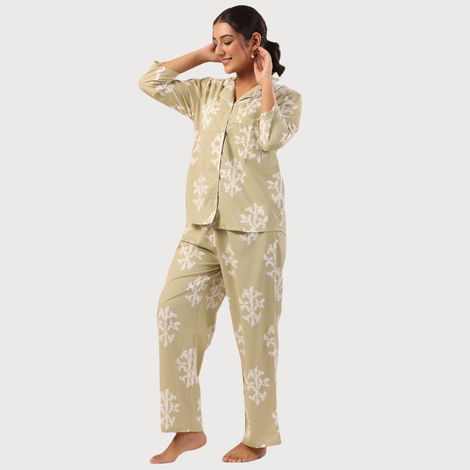 Sanskrutihomes Women Pure Cotton Green Printed Night Suit SE-NSP-522 | XL