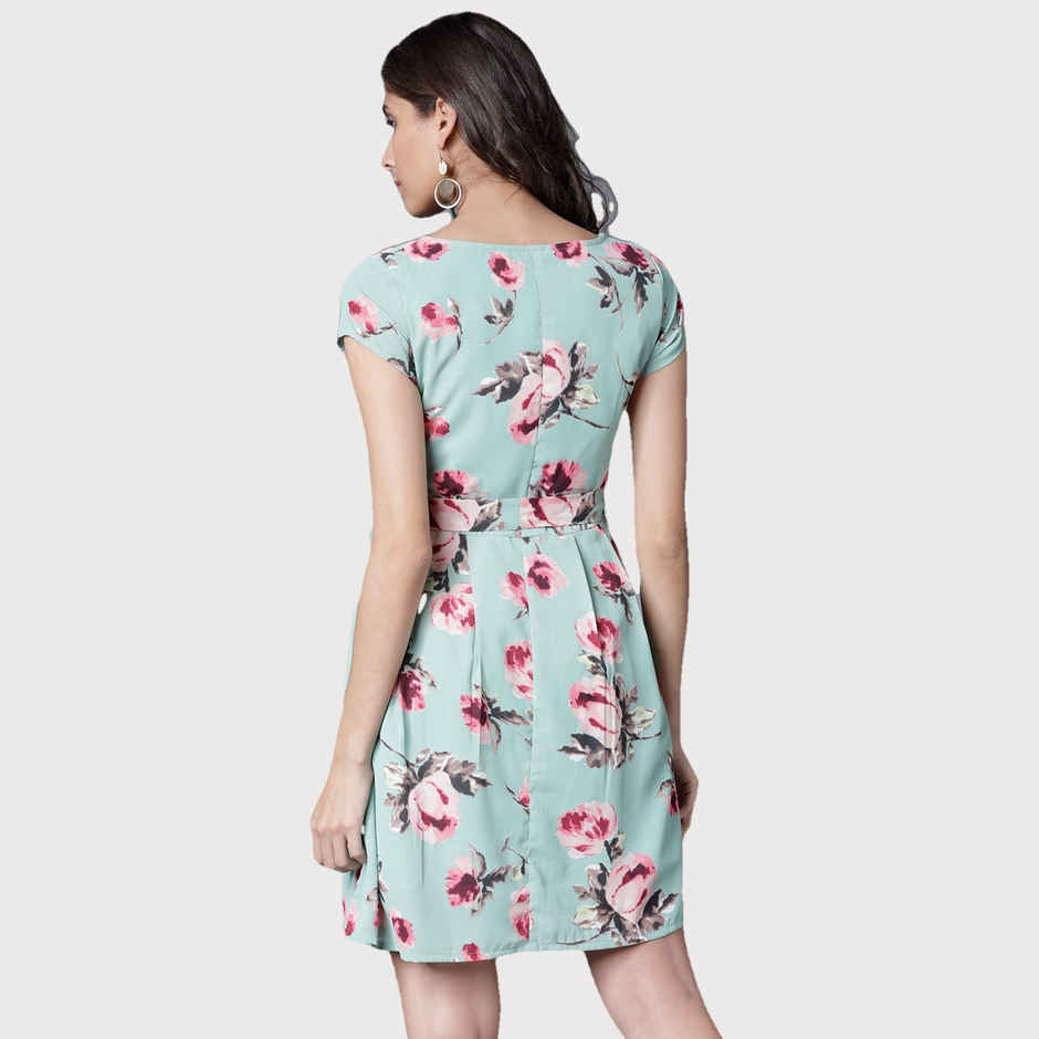 Tokyo Talkies Women's Digital Printed Georgette Fit And Flare Dress | Green - M