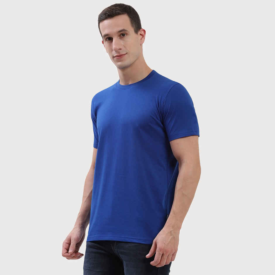 hummel Men's Cam Round Neck Solid Regular Fit Cotton Poly T-shirt | Blue - L