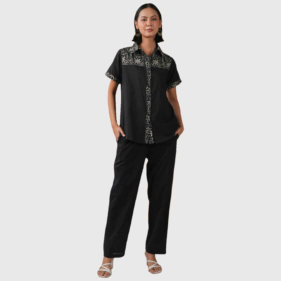 Sanskrutihomes Printed Shirt Collar Shirt With Trousers Co-Ords Set for Women s | Black | XL