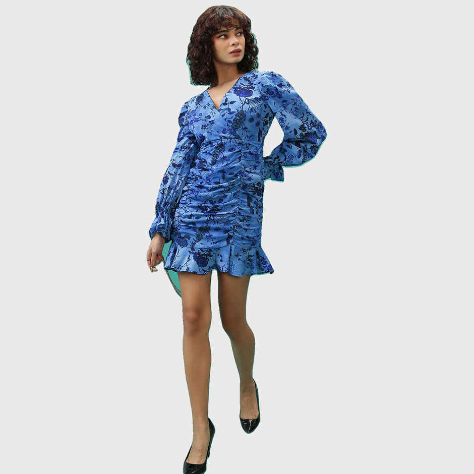 Ketch Women's Floral Printed Bell Sleeves Ruched Sheath Dress | Blue - S