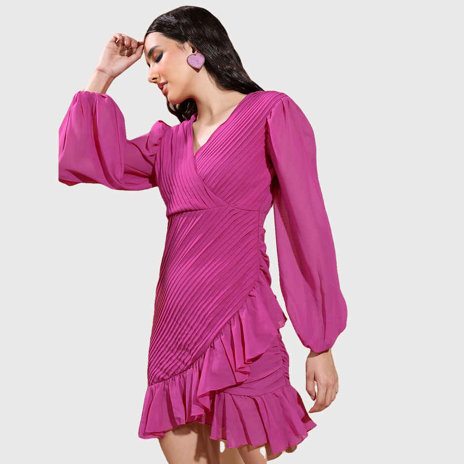 Ketch Women V-Neck Puff Sleeves A-Line Dress | Fuschia | L
