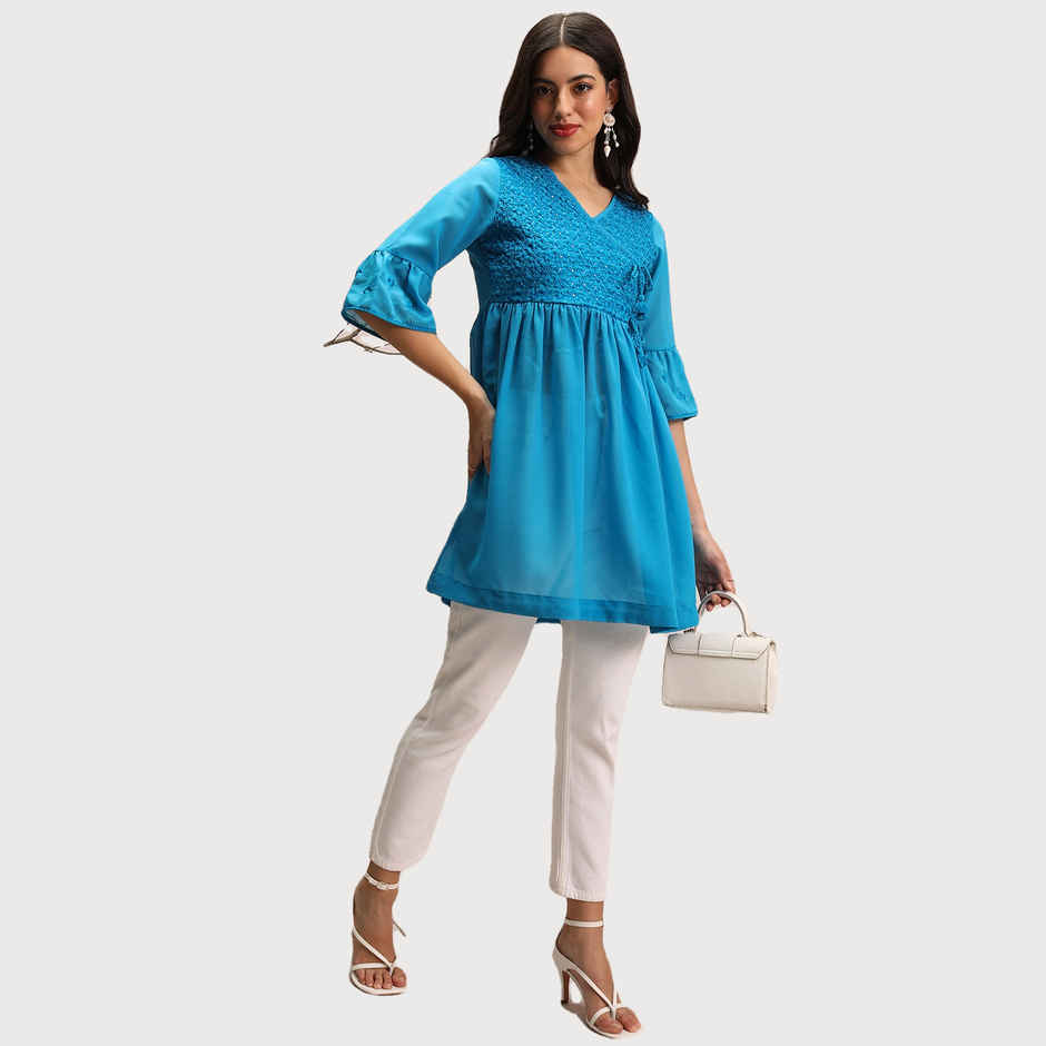 Ketch Women's Embroidered V-Neck Bell Sleeves Tunic | Blue | S