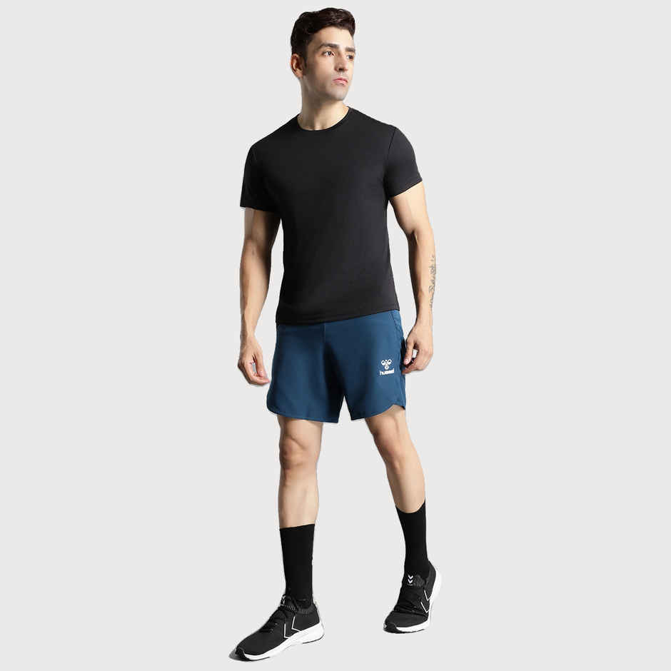 hummel Men's Kuro Solid Regular Fit Gym Shorts with Zipper Pockets | Blue - M