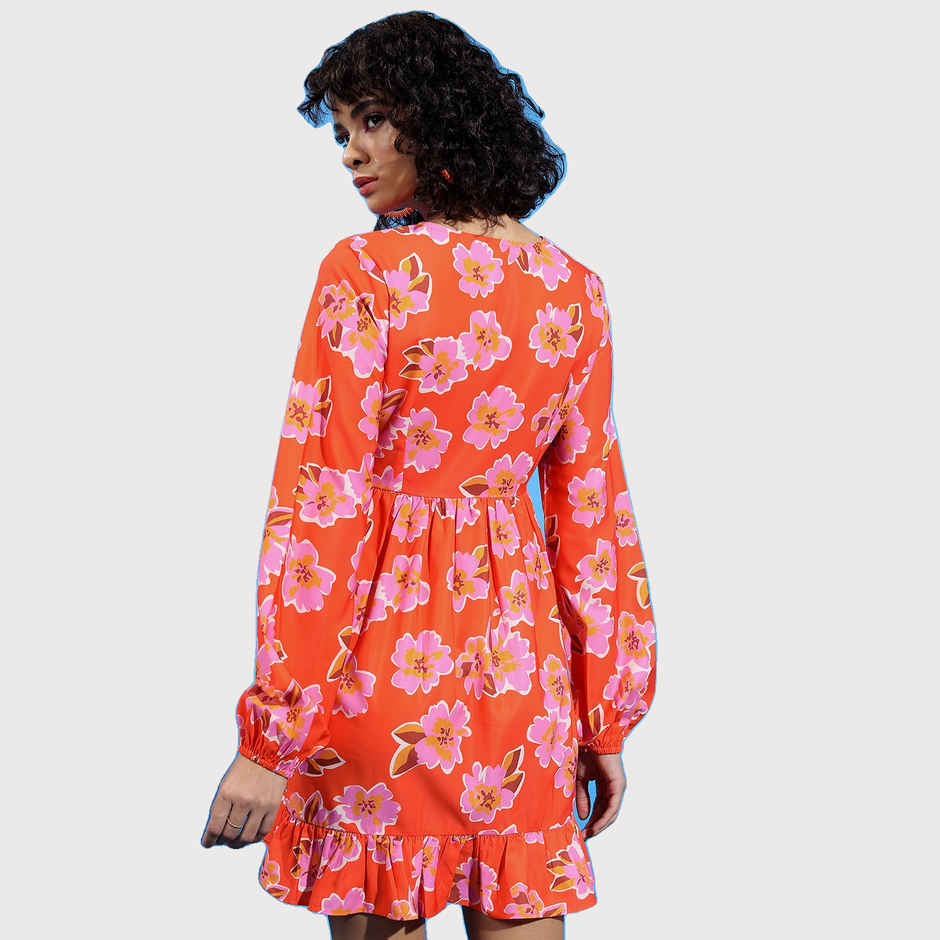Ketch Women Floral Printed Puff Sleeves Tie-Up Detail Flounce Wrap Dress | Orange | M