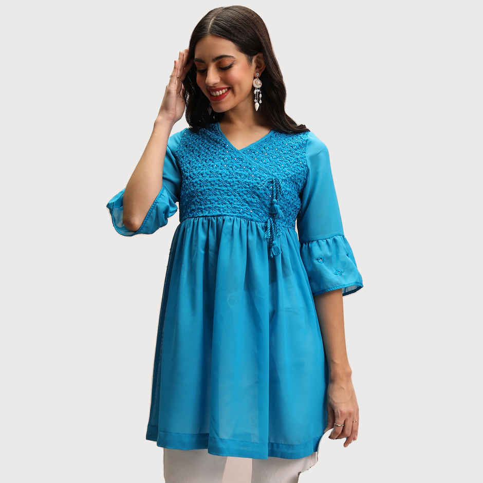 Ketch Women's Embroidered V-Neck Bell Sleeves Tunic | Blue | L