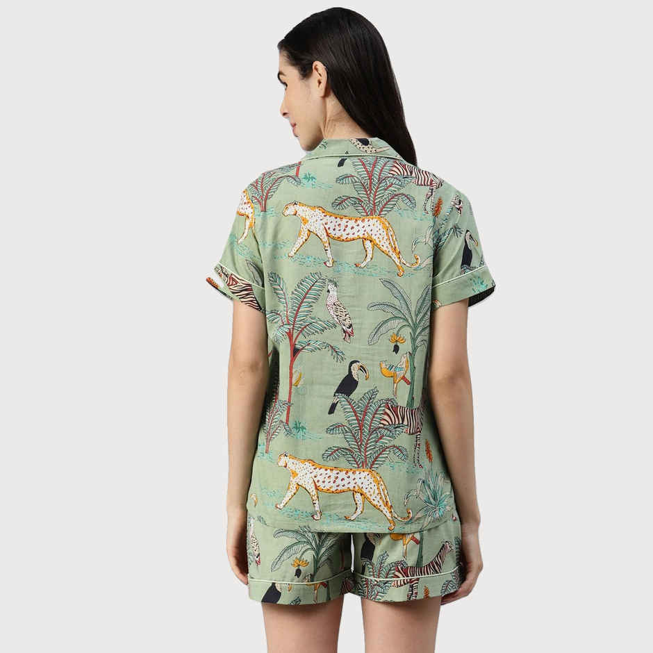 Divena Women s Sea Green Cotton Animal Print Night Suit | DK0217 | S