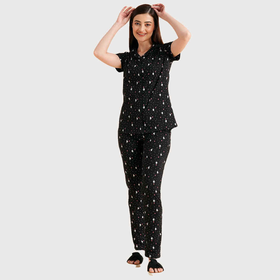 Sweet Dreams Women Printed Half Sleeves Pyjama Set Black S