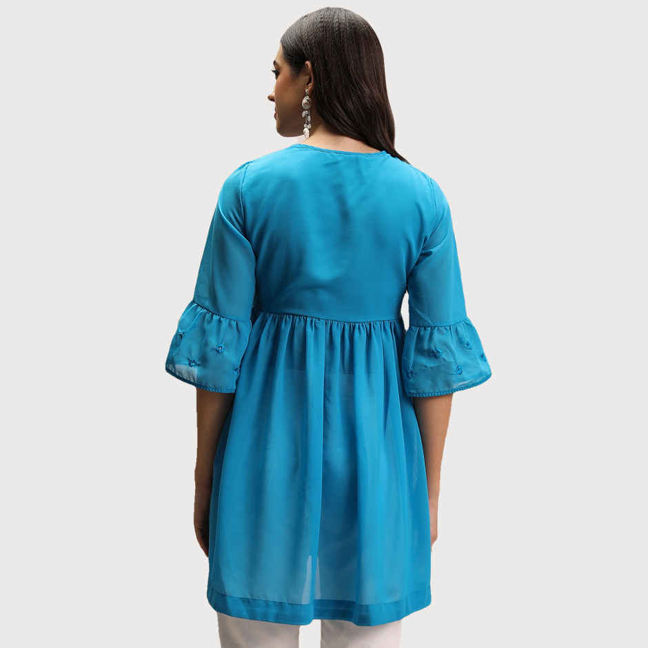 Ketch Women's Embroidered V-Neck Bell Sleeves Tunic | Blue | S