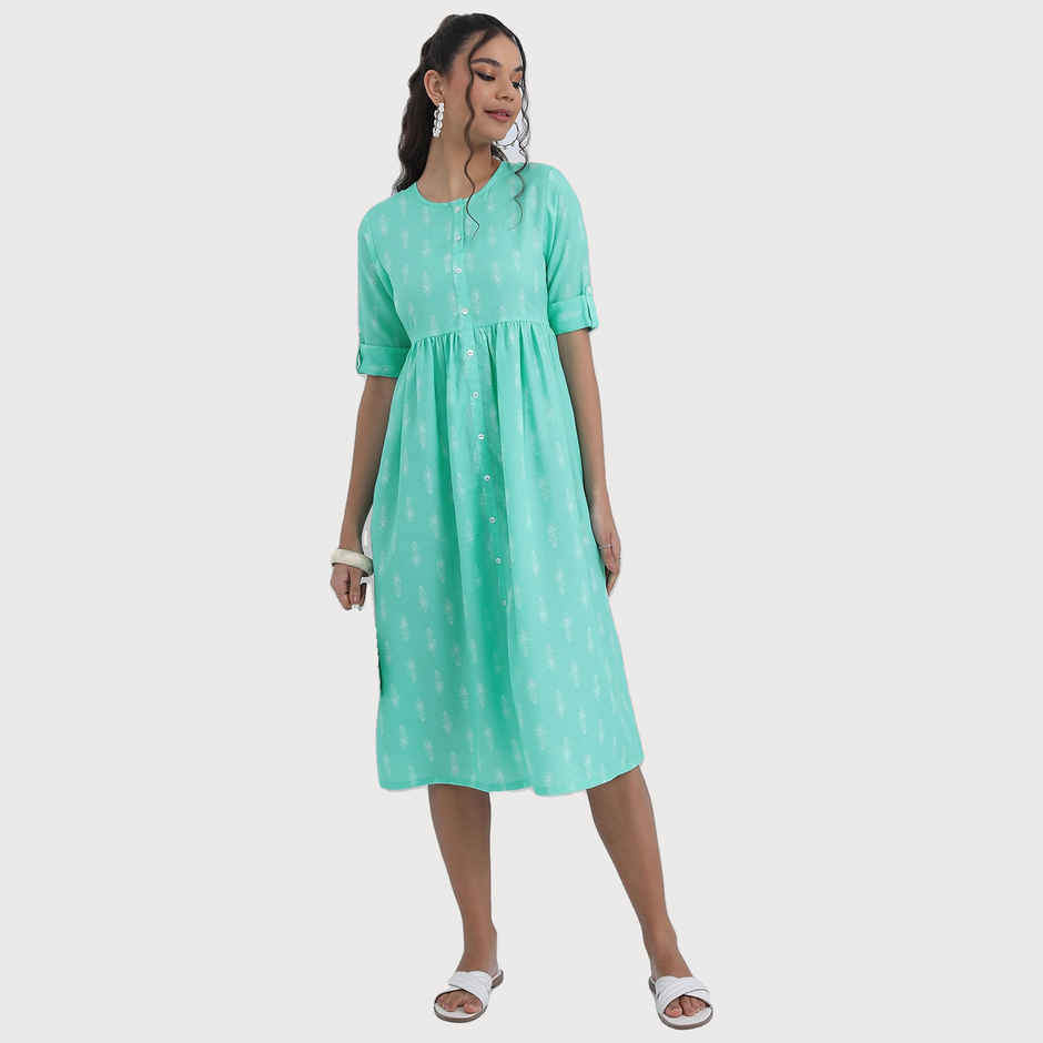 Ketch Women Sea Green Print Fit Flare Midi Dress | Sea Green | XL