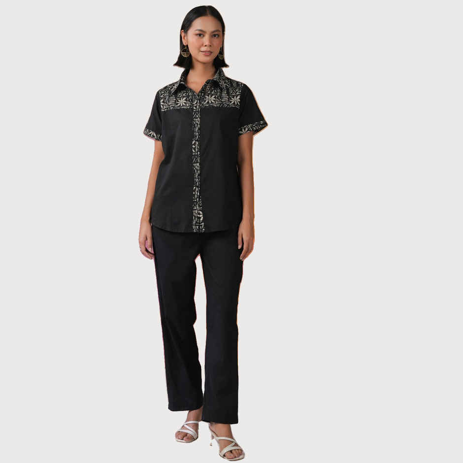 Sanskrutihomes Printed Shirt Collar Shirt With Trousers Co-Ords Set for Women s | Black | XL