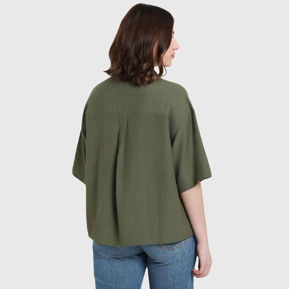 DL Women's Drop Shoulder Casual Oversized Shirt | DLWSHW23005 | Olive - XL
