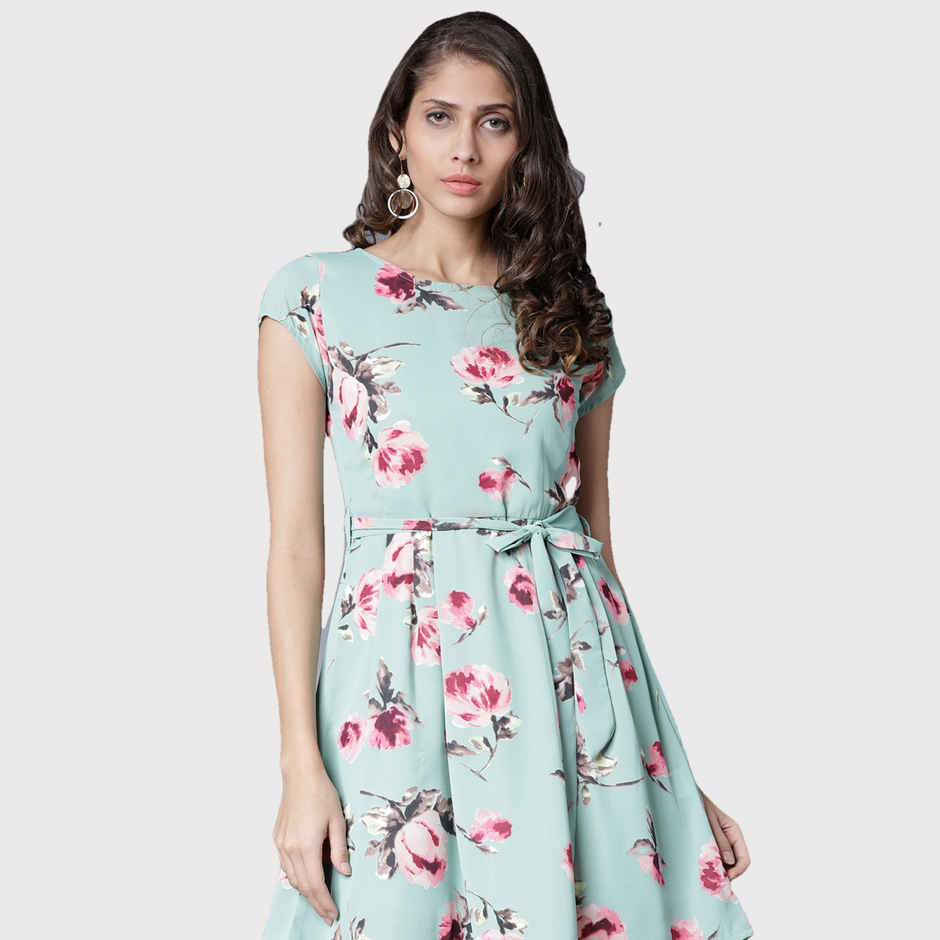Tokyo Talkies Women's Digital Printed Georgette Fit And Flare Dress | Green - M