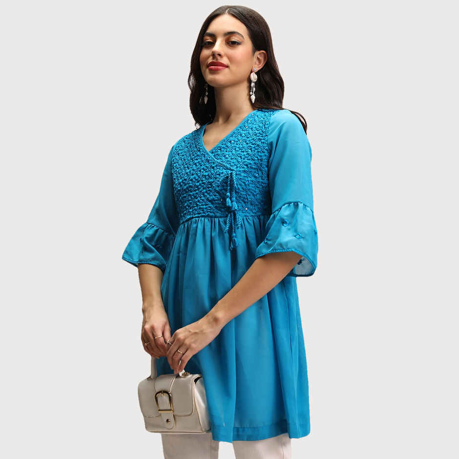 Ketch Women's Embroidered V-Neck Bell Sleeves Tunic | Blue | L