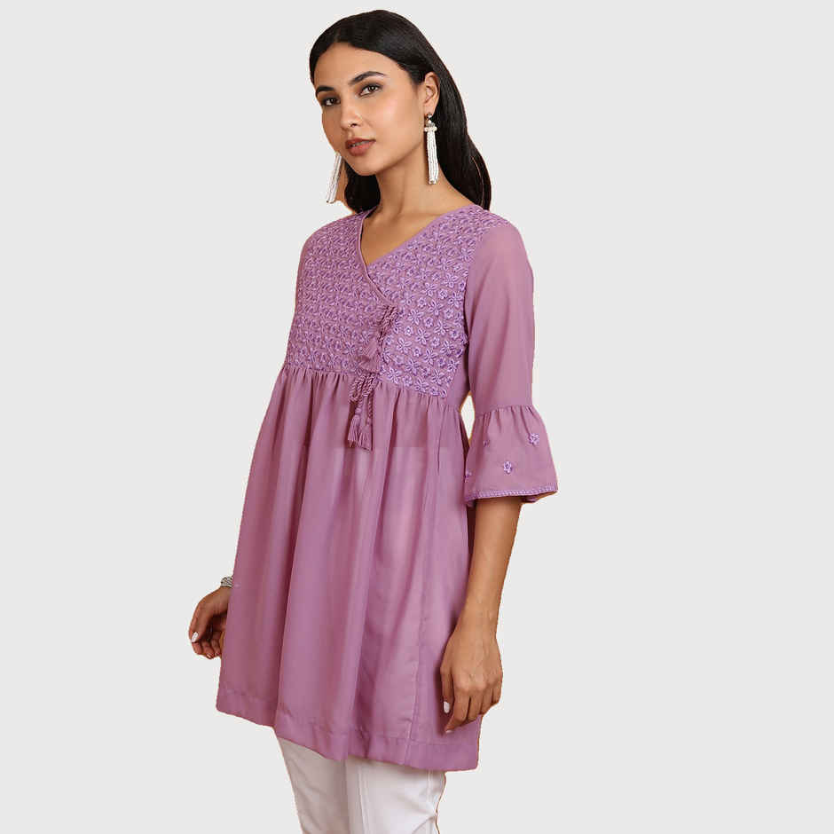 Ketch Women's Ethnic Motifs Embroidered V-Neck Bell Sleeve Pleated A-Line Kurti | Mauve | L
