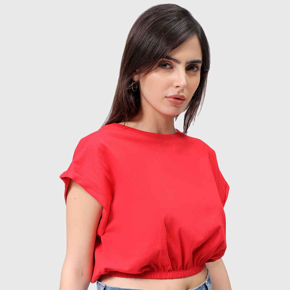 Freehand Women's Regular Solid Casual Crop Top | Red - S