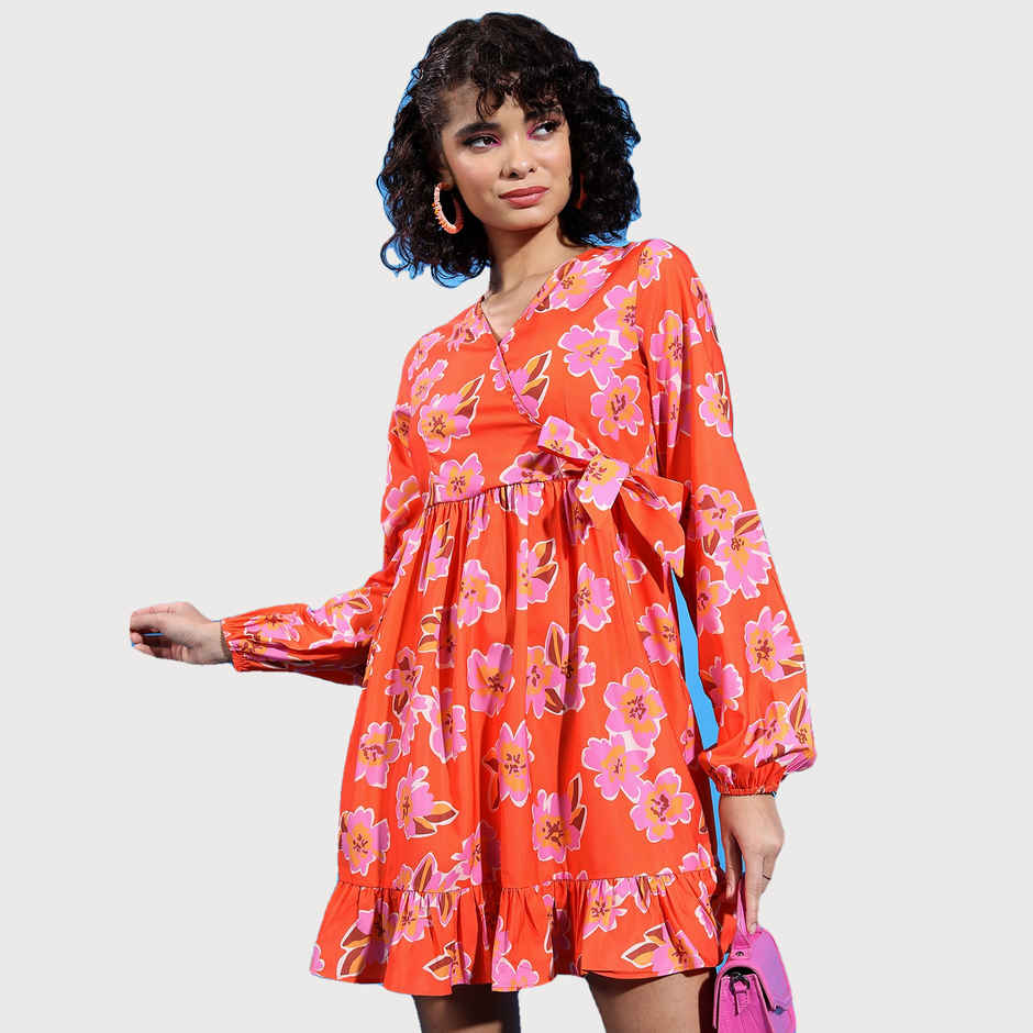 Ketch Women Floral Printed Puff Sleeves Tie-Up Detail Flounce Wrap Dress | Orange | M