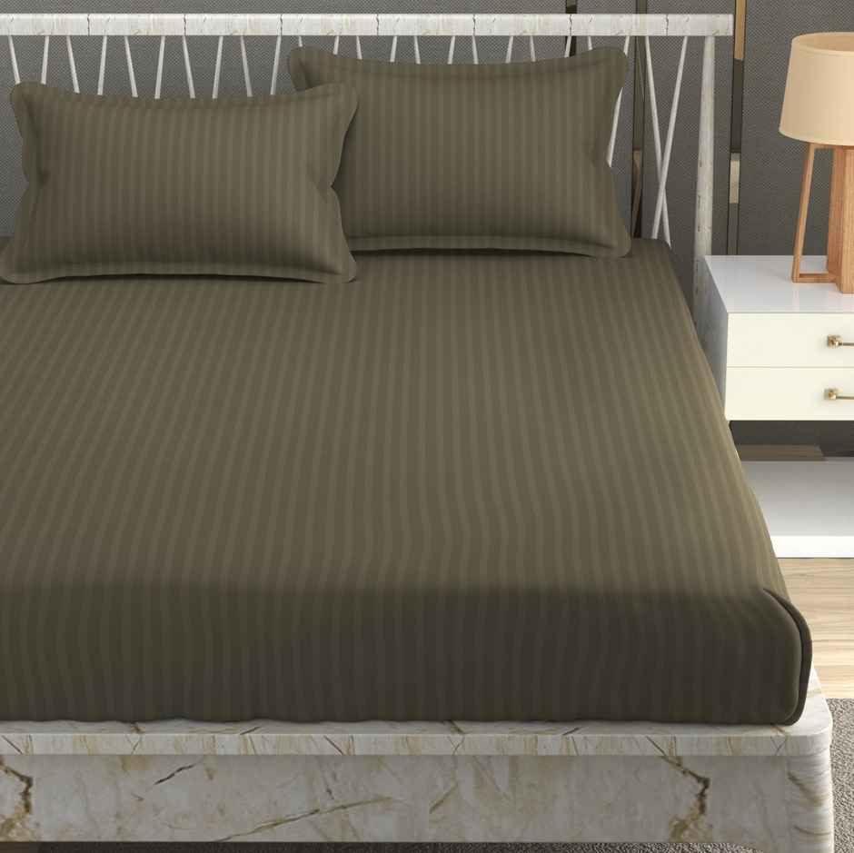 Furnofy King Size Premium Satin Striped Bedsheet, 2 Pillow Covers | Olive Green | 108x108in