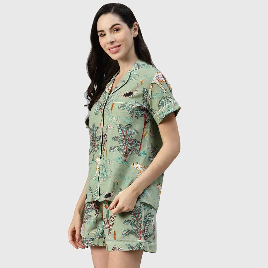 Divena Women s Sea Green Cotton Animal Print Night Suit | DK0217 | S