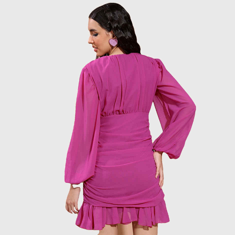 Ketch Women V-Neck Puff Sleeves A-Line Dress | Fuschia | L