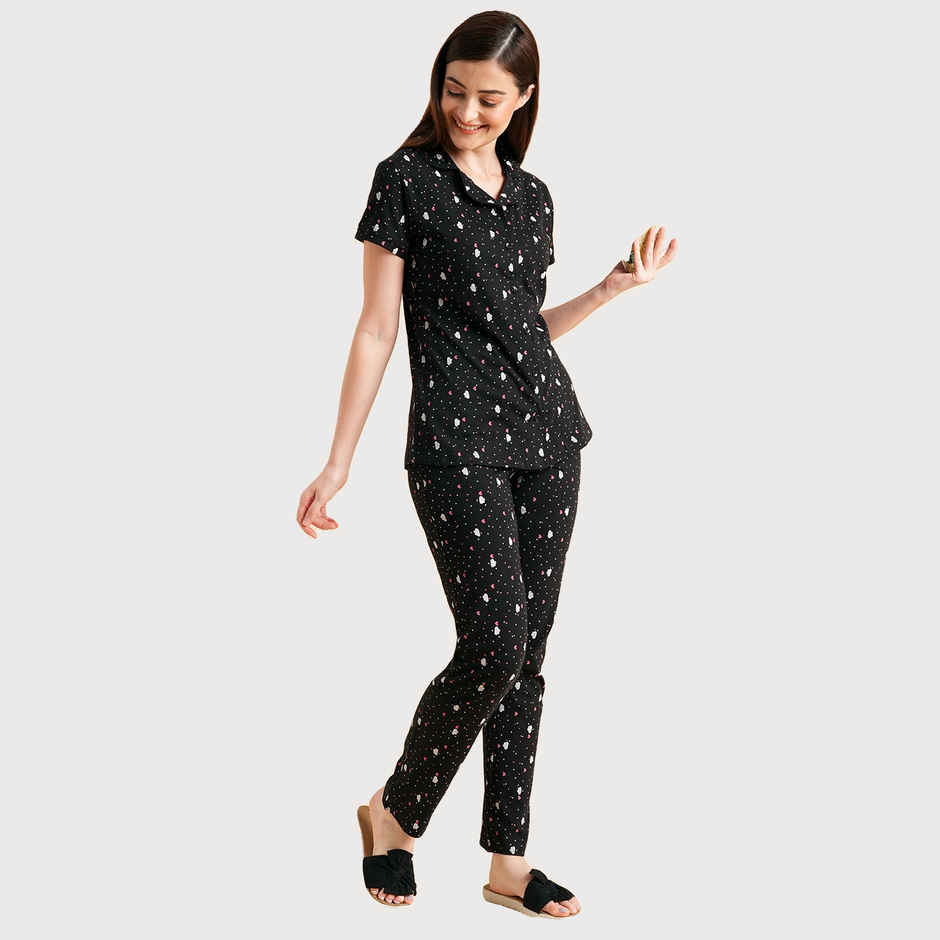 Sweet Dreams Women Printed Half Sleeves Pyjama Set Black S